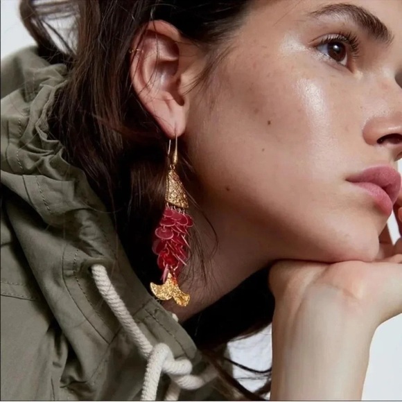 Zara Fish Tassel Earrings. Gold&Red - Picture 1 of 7